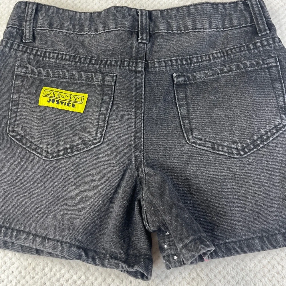 Justice Pac-Man Girls Black Denim Rhinestone Shorts Size 14 Retro Gaming Graphic
